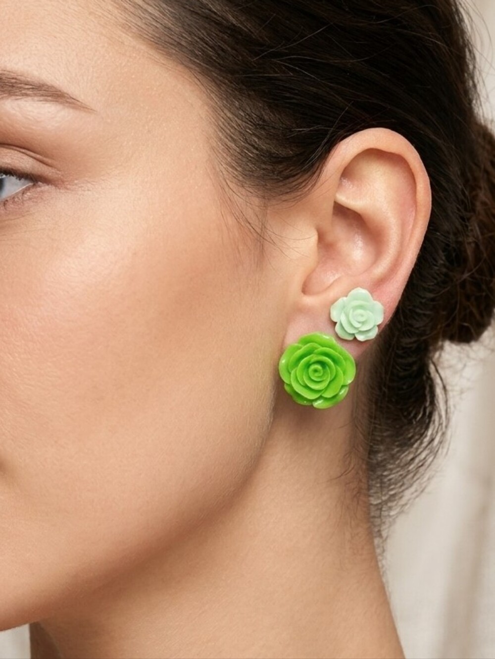 Handcrafted Set Of Two Green Rose Earrings